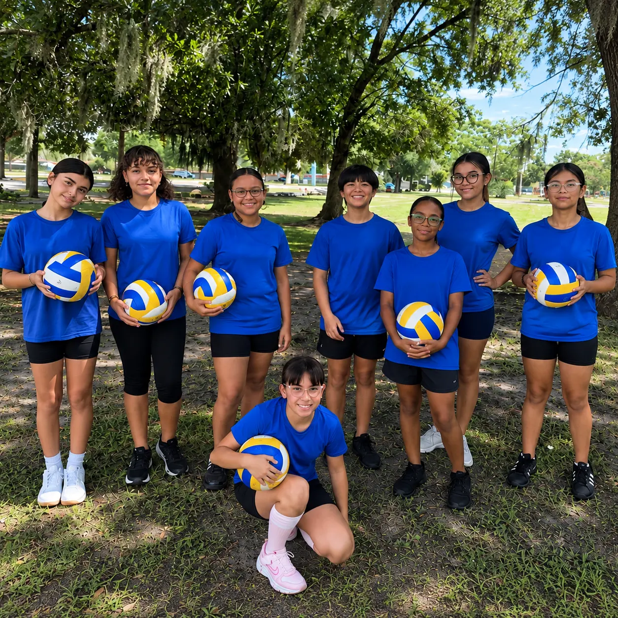 Volleyball team holding volleyballs
